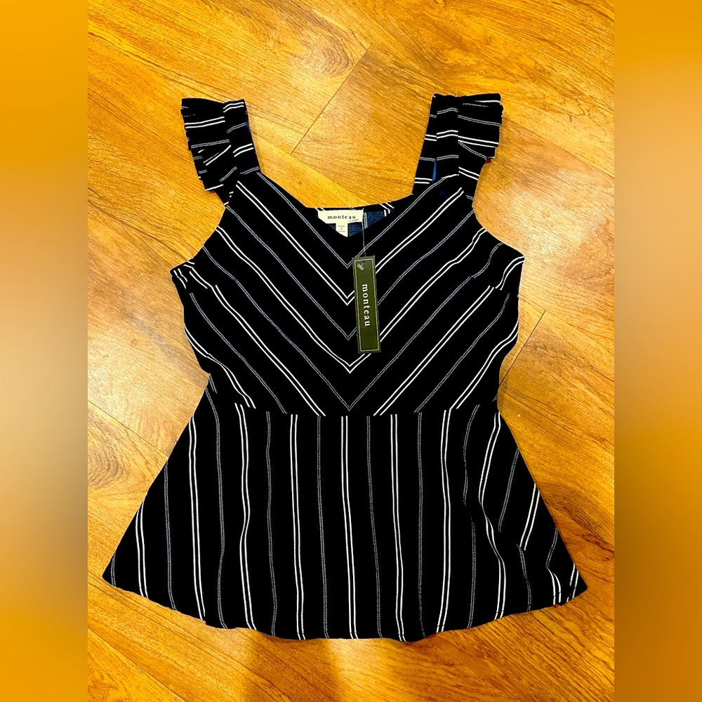3/$15 NWT Monteau Navy Blue White Stripe Peplum Sleeveless Ruffle Top Size Small